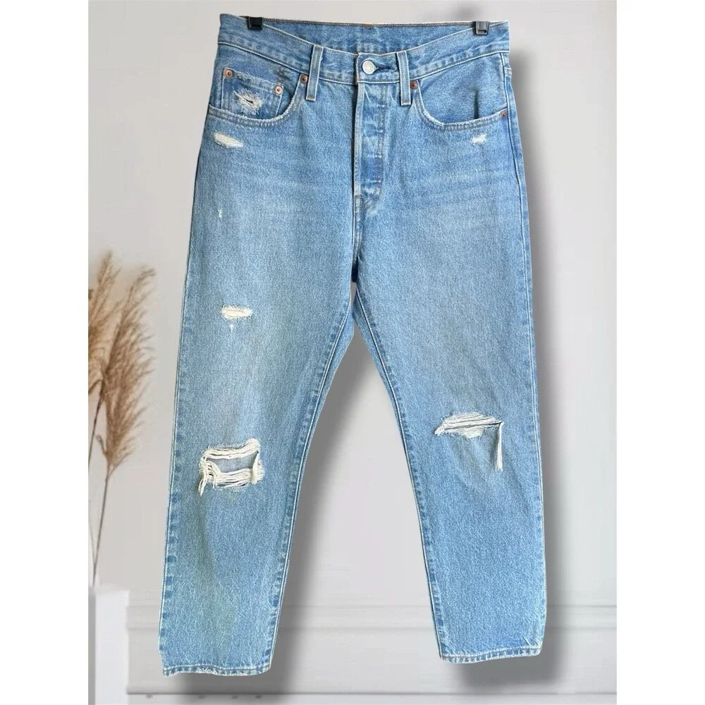 Levi's 501 High Rise Buttonfly Straight Leg Women's W27 Distressed Ankle Jeans